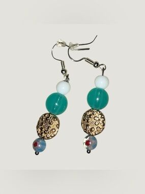 Gold Floral Accent Teal and White Beaded Dangle Earrings